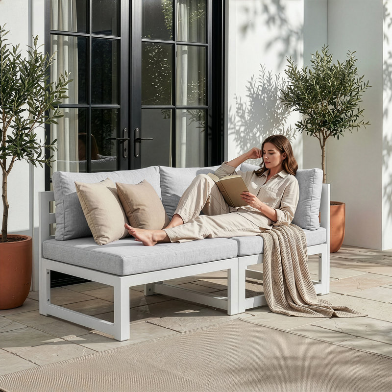 2-Piece Oversized Outdoor Aluminum Patio Sofa with 4" Cushions, Light Gray Cushion/White Frame