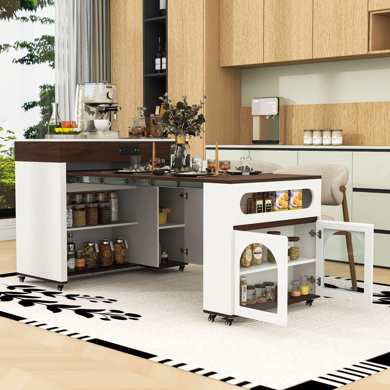 Extendable Kitchen Cart with Folding Top, Dining Table, Built-In Power Outlet and Locking Casters, White/Walnut Wood