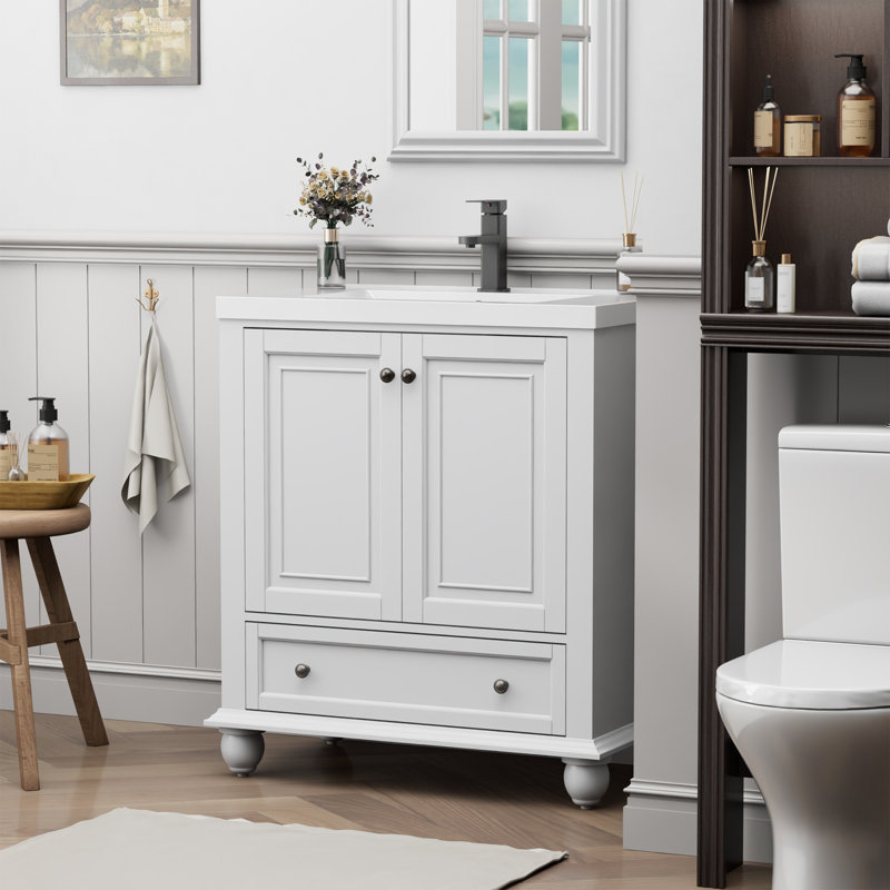  Sharee 30" Retro Bathroom Vanity With Sink Top, Bathroom Sink Faucet And Drain, Hand Painted, Assembly Required, White