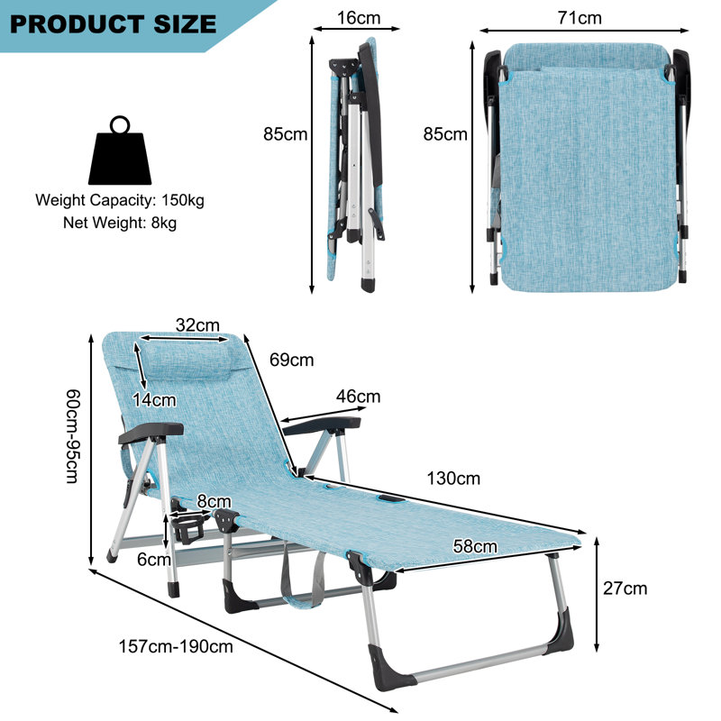 Agnija 190cm Long Reclining Single Sun Lounger, Blue