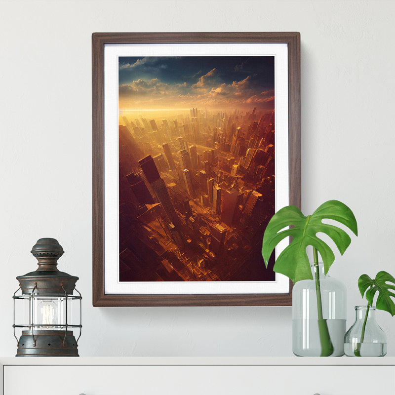 View Of A City Skyline No.2 - Single Picture Frame Print, 64cm H x 46cm W x 2cm D, Walnut Framed
