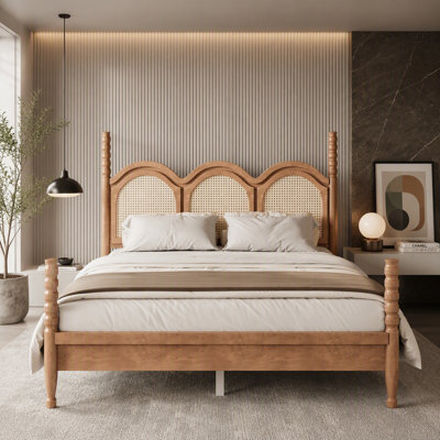 Queen Size Platform Bed with Arched Woven Headboard and Four Tall Posts, Wooden Frame with Low Footboard and Under-Bed Clearance, Natural