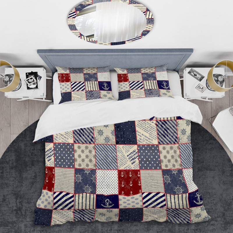Grey And Blue Patchwork Polyester Abstract Duvet Cover, King Duvet Cover + 2 King Shams