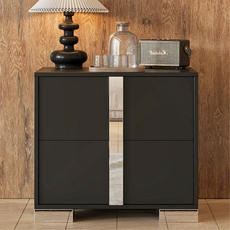 Table de chevet élégante avec pied en métal et table de chevet à miroir avec 2 tiroirs, Noir