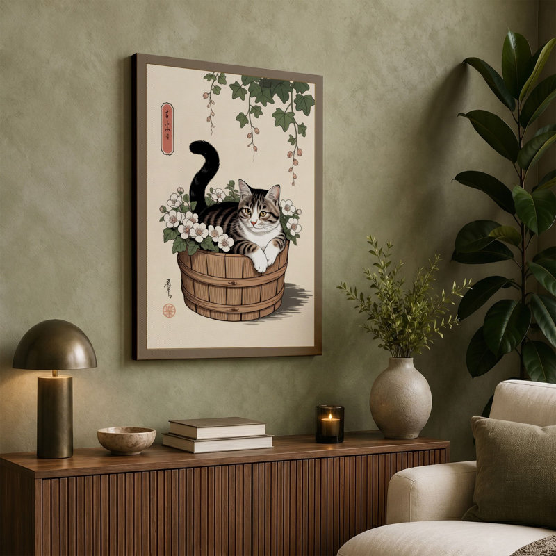 Cat in Bloom Japandi - Wrapped Canvas, 24x16 - 61.0 x 40.6 cm, White Border