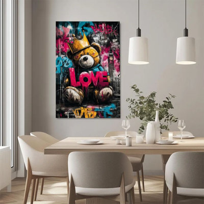 1Pc Framed Canvas Poster Print Teddy bear, crown with LOVE lettering, London Big Ben, contemporary pop art Wall Art, Wall Decor, Perfect for RoomLivin