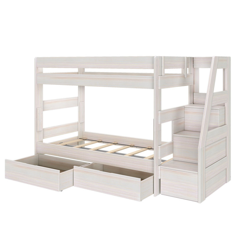 Lit superposé Modern Farmhouse avec escalier et tiroirs de rangement, Simple sur simple, Blanc délavé