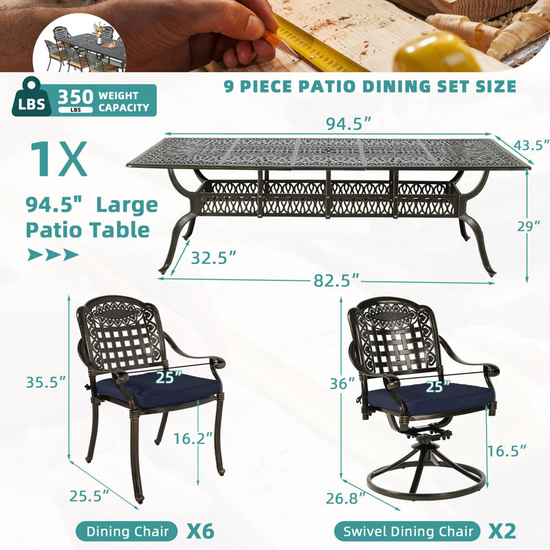 Meetwarm 9-Piece Outdoor Patio Dining Set For 8, All Weather Cast Aluminum Patio Funiture Table And Chairs Set- 94.5" Rectangular Table And 2 Swivel Rocker Chairs, 6 Stationary For Garden