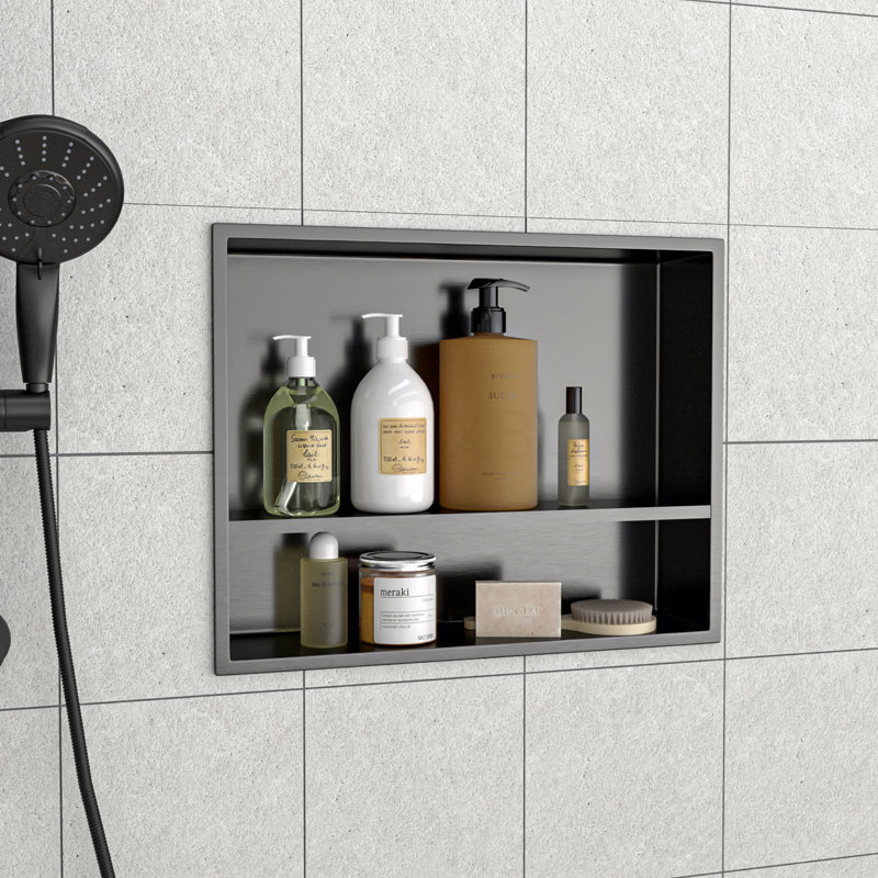 19" X 15" Stainless Steel Shower Niche Double Shelf, Gunmetal Black, 19" H x 15" W x 3.94" D, Gunmetal Black