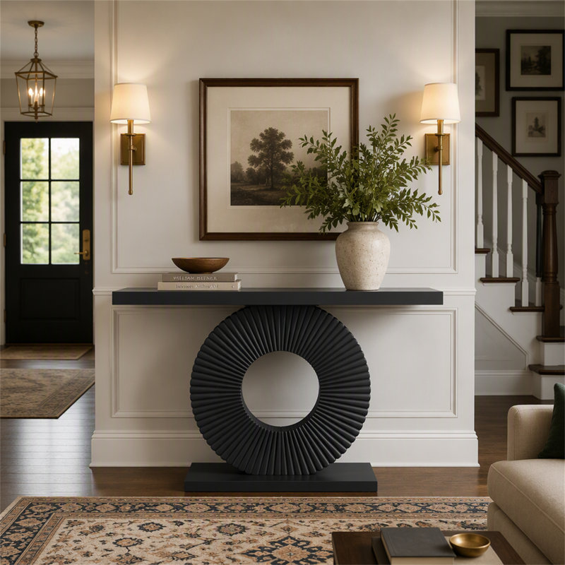 Canapé moderne en bois avec base géométrique, Brun et noir, Brun, Noir