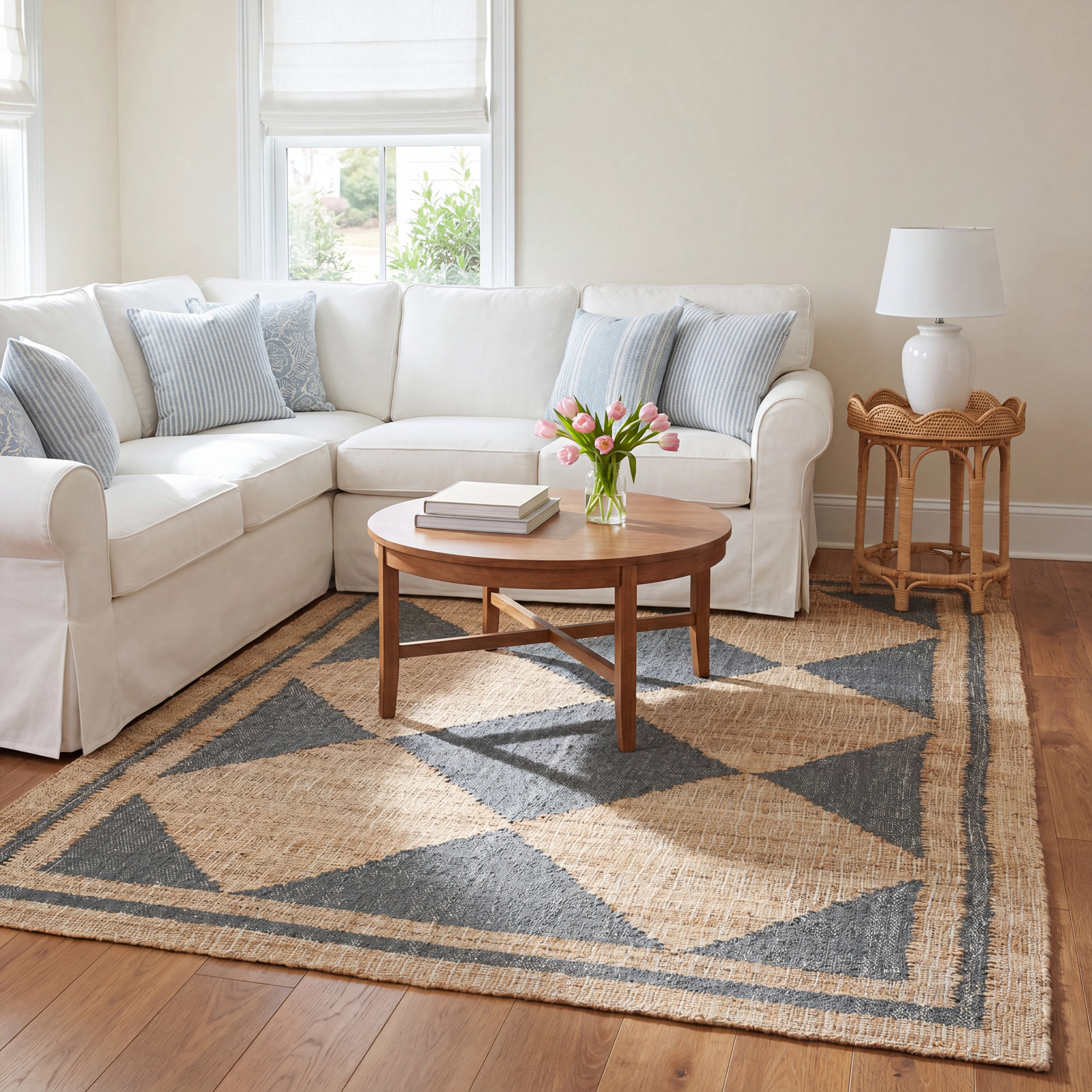 Orchard Court Blue Hand-Woven Geometric Jute Rug, Rectangle 3'6" X 5'6"