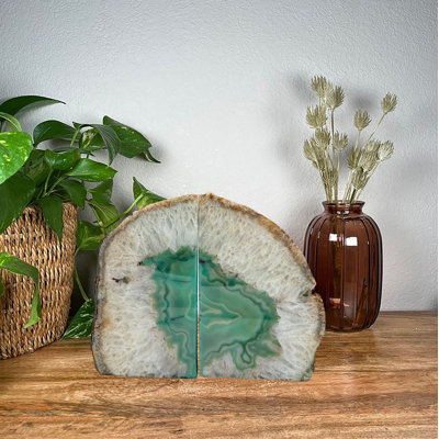 Green Agate Bookend Pair, Natural Geode Bookend, Unique Crystal Bookend Set