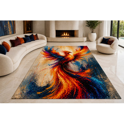 Tapis Fiery Phoenix Flight « Ultra Léger » de grande taille (201 cm x 300 cm) pour salon, chambre et bureau, moquette douce à poils courts avec envers antidérapant en silicone, orange et bleu