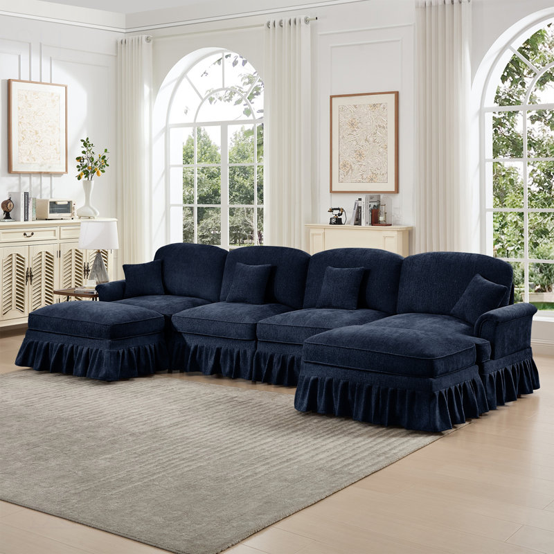 Classic U Shape 4 Seater Modular Sectional Sofa With Flared Arms, Removable Ruffles, And Movable Ottomans For Versatile Comfort And Style