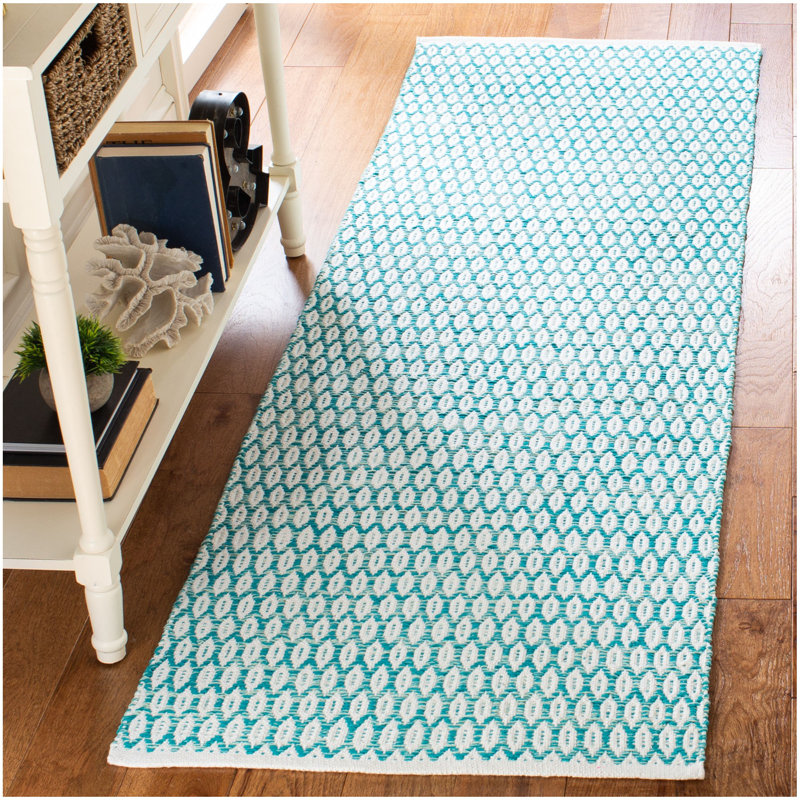 Tapis turquoise / ivoire en coton tissé à plat Modena, Tapis de couloir 2 pi 3 po x 9 pi