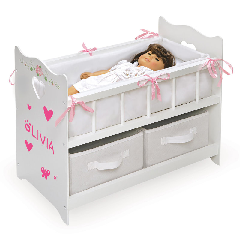 Doll Crib with Bedding, Two Baskets, and Free Personalization Kit - White Rose