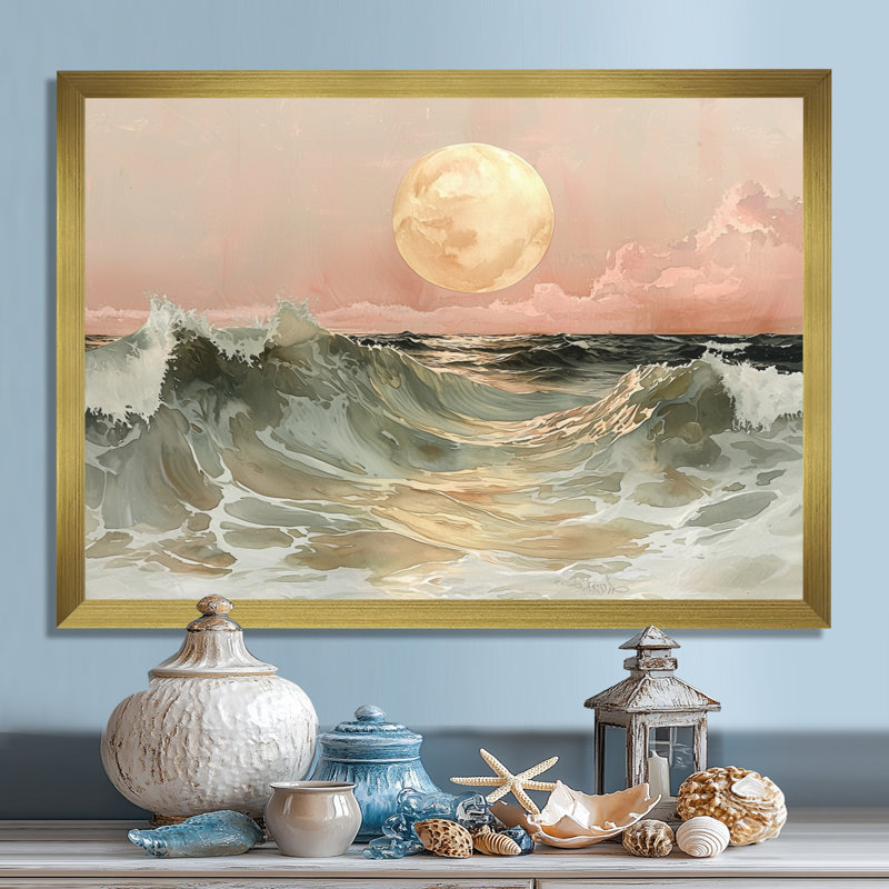 «Hargrave Bold Rose Sand Beach» Horizon I - vagues côtières, art mural, H 16 po x l 32 po, Cadre flottant, Doré