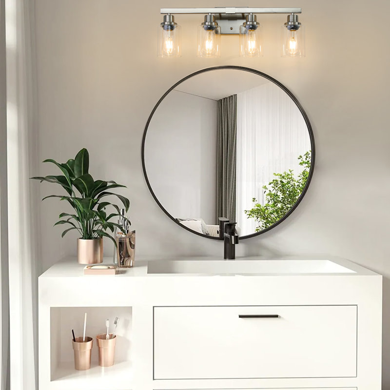 4- Lampe de meuble-lavabo moderne - Finition nickel brossé avec abat-jour et abat-jour en verre transparent, Nickel brossé