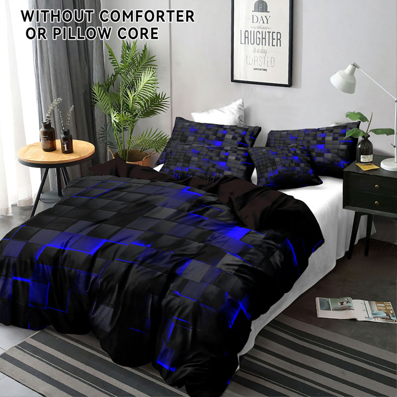 Blue And Black Geometric Microfiber Duvet Cover Set With Pillowcases, Digital Print Block Pattern Front With Solid Black Back, Reversible Bedding, Queen, Comforter And Pillow Inserts Not Included
