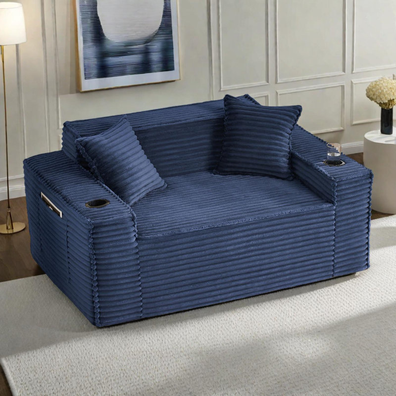 Canapé 2 places en velours côtelé désossé avec porte-gobelets, aucun assemblage requis pour le salon ou l'appartement, Bleu