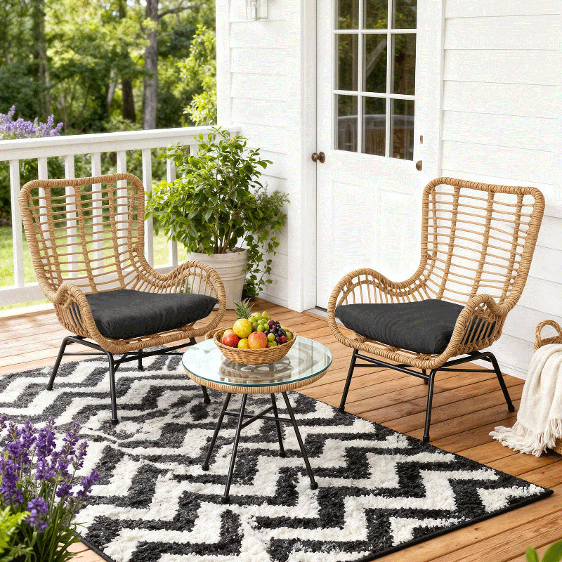 3Pcs Outdoor Bistro Chat Set Patio Conversation Set Wicker Chairs and Glass Table with Seat Cushions, Black