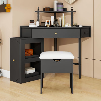 Ensemble de coiffeuse de coin avec tabouret de rangement rembourré, armoire coulissante et plateau de table en verre