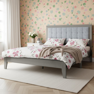 Upholstered Platform Bed with Tufted Headboard, Solid Rubberwood Panel Bed