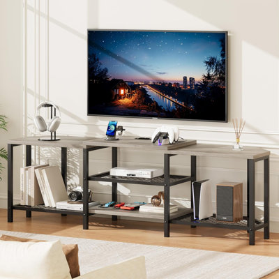 Grand meuble télé 67 po avec lumières DEL, centre de divertissement avec prises de courant, 4 tablettes de rangement ouvertes, console multimédia pour téléviseurs de 55 po / 65 po / 75 po, salon et chambre à coucher, gris