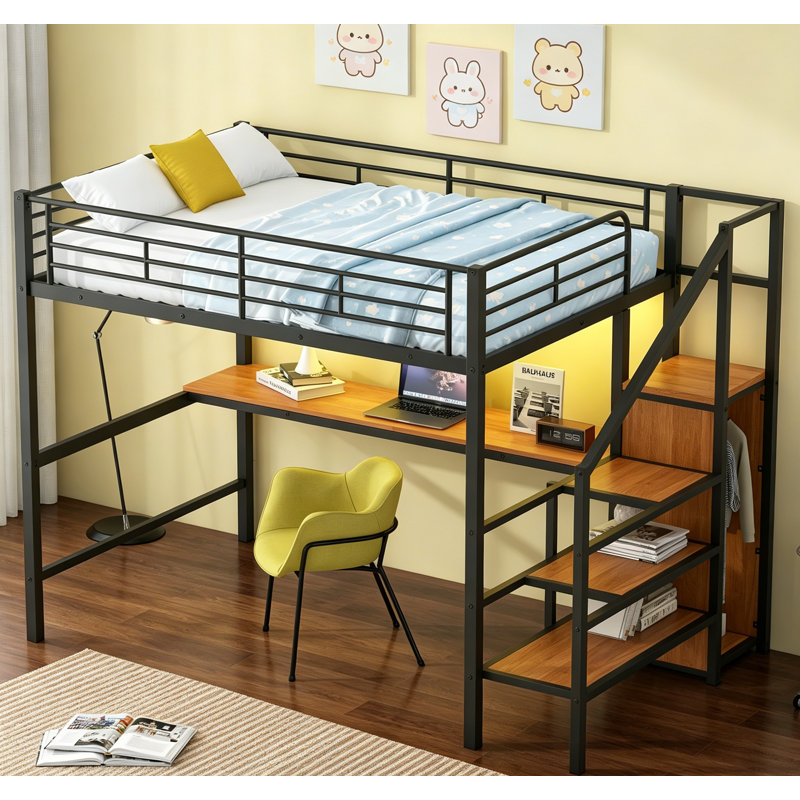 Lit mezzanine double en métal avec bureau, escalier de rangement, petite armoire et éclairage à DEL pour une utilisation compacte et multifonctionnelle