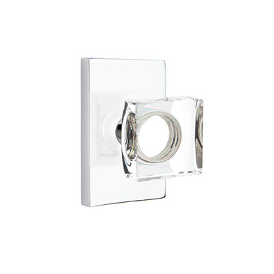 Ensemble de faux boutons Emtek avec rosette rectangulaire moderne et bouton carré en verre moderne
