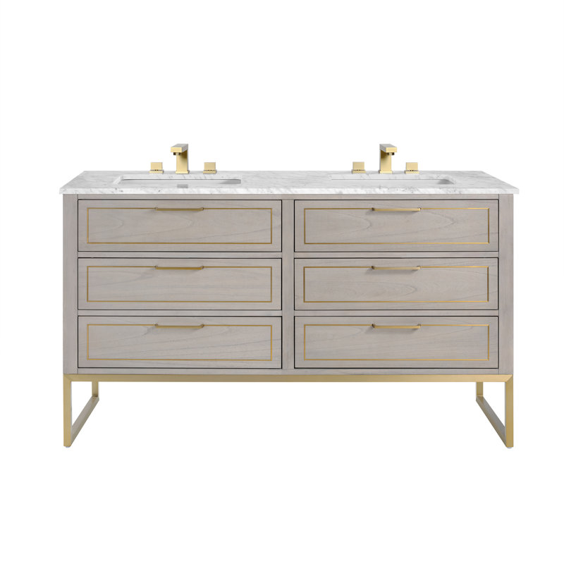 Markham 60'' W Double Vanity, Carrara Marble, Satin Brass, Midnight Black