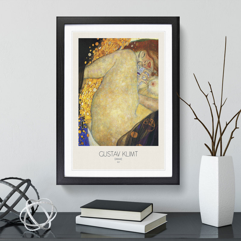 Danae with Border by Gustav Klimt - Picture Frame Painting, 36cm H x 27cm W x 2cm D, Black Framed