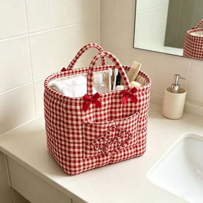 Sac de rangement matelassé français, panier de rangement avec joli nœud décoratif, organisateur de bureau portatif, panier de rangement vintage à carreaux pour produits cosmétiques et accessoires.