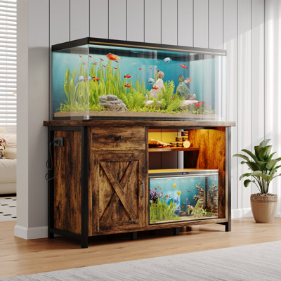 55 Gallon Fish Tank Stand with LED Light & Power Outlets, 55-75 Gallon Aquarium Stand with Drawer & Barn Door