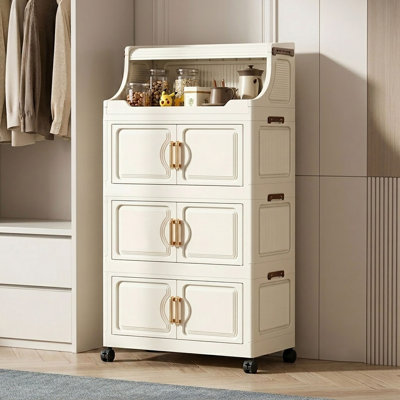 Lot de 3 bacs de rangement pliables avec couvercles, boîte de rangement empilable de 68 L avec portes et roulettes, organisateur d'armoire de cuisine verrouillable, tiroirs en plastique pour chambre, dortoir ou garage