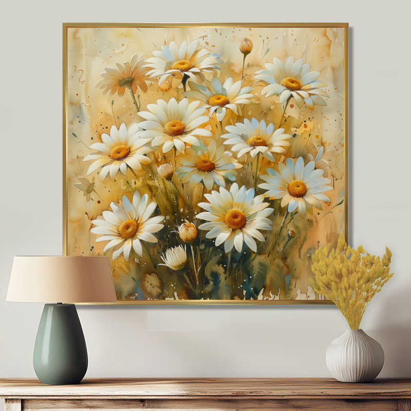 Jaune et blanc, marguerites d'été, fleurs, explosion I - marguerites, art mural, Cadre flottant doré, H 36 po x l 36 po