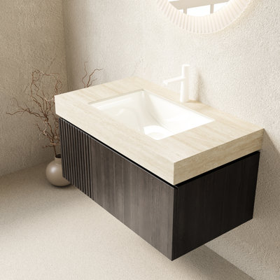 Comptoir en pierre frittée de 91,4 cm (36 po) avec motif et lavabo encastré en céramique, un trou pré-percé pour robinet, blanc beige, excellente résistance aux dommages multiples, profondeur de 91,5 cm (36,04 po), largeur de 49,2 cm (19,36 po), hauteur de 21,1 cm (8,3 po).