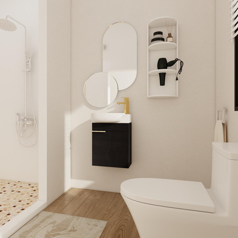 Meuble-lavabo mural moderne en contreplaqué avec lavabo en céramique et tablette de rangement autoportante, Noir châtaignier