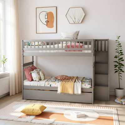 Full Over Full Bunk Bed with Trundle and Staircase, Solid Wood Convertible 3-in-1 Design with Built-in Storage Shelves and Safety Guardrail