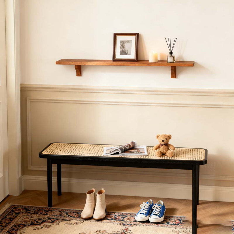 Modern Style Black Color Solid Oak Wood Dining Bench with Rattan Detail, 16.93" H x 47.24" W x 11.02" D