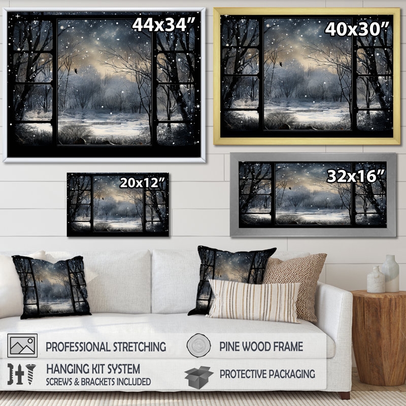 Midnight Gothic Winter Window View I - Winter Landscape Wall Art, 24" H x 32" W x 1" D, White Floater Framed