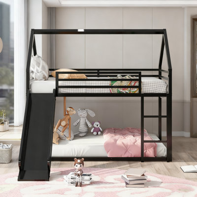 Lit superposé simple au-dessus d'un lit simple avec échelle et glissade - Structure robuste, glissière / échelle convertible, assemblage facile pour la chambre des enfants - noir