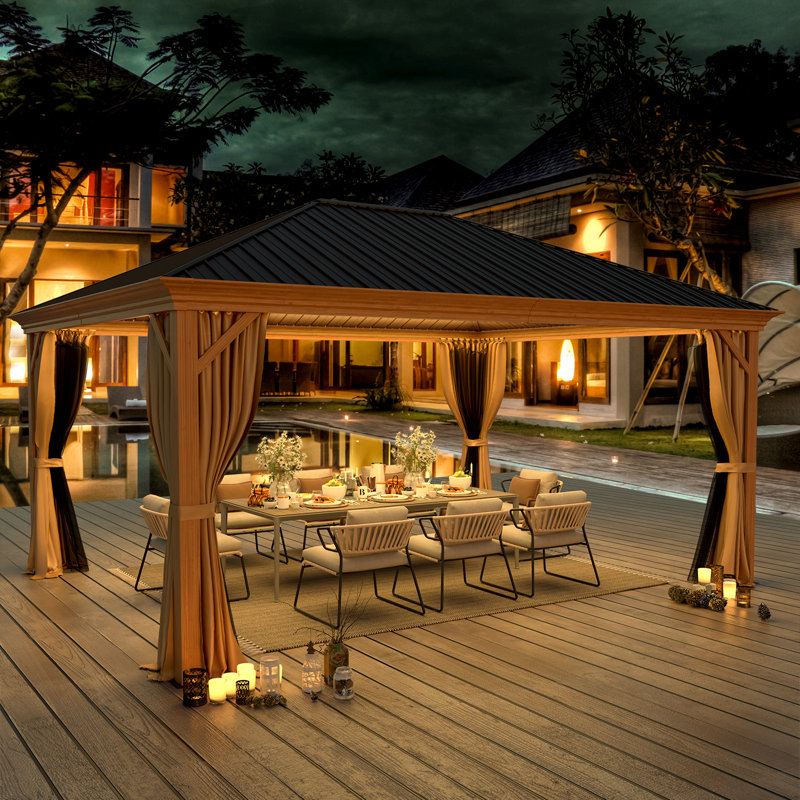  16 Ft. W x 12 Ft. D Outdoor PRO Premium Hardtop Gazebo with Aluminum Frame & Double Galvanized Steel Roof, Heavy Duty Permanent Pavilion with Netting & Curtains for Patio, Lawn, Deck