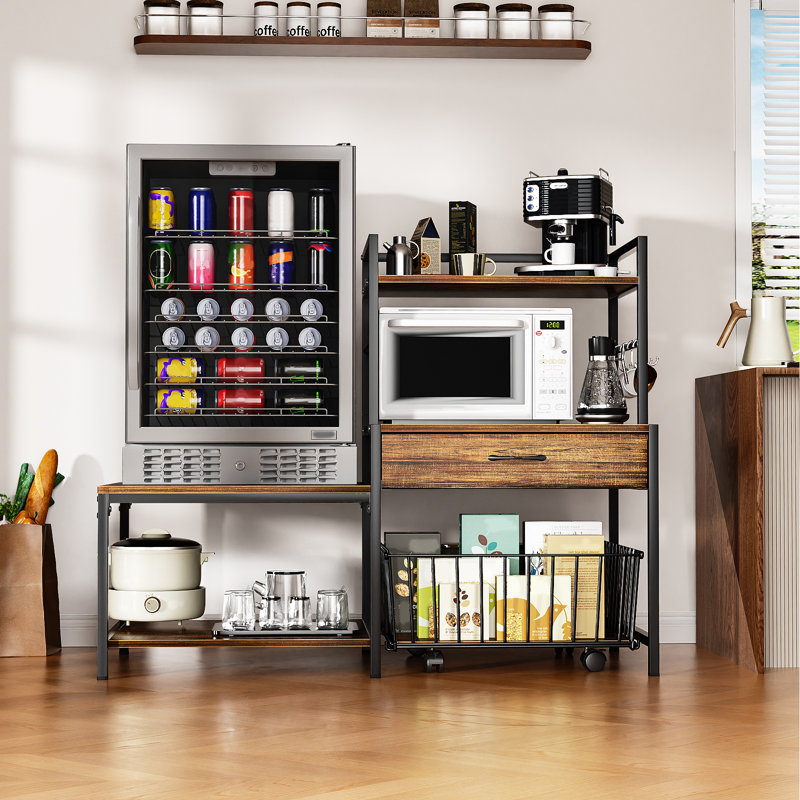 Mini Fridge Stand With Storage, Mini Refrigerator Stand With Power Outlet, Wine Fridge Table With Movable Storage Basket, Heavy Duty Beverage Refrigerator Table For Dorm Home Use (black)