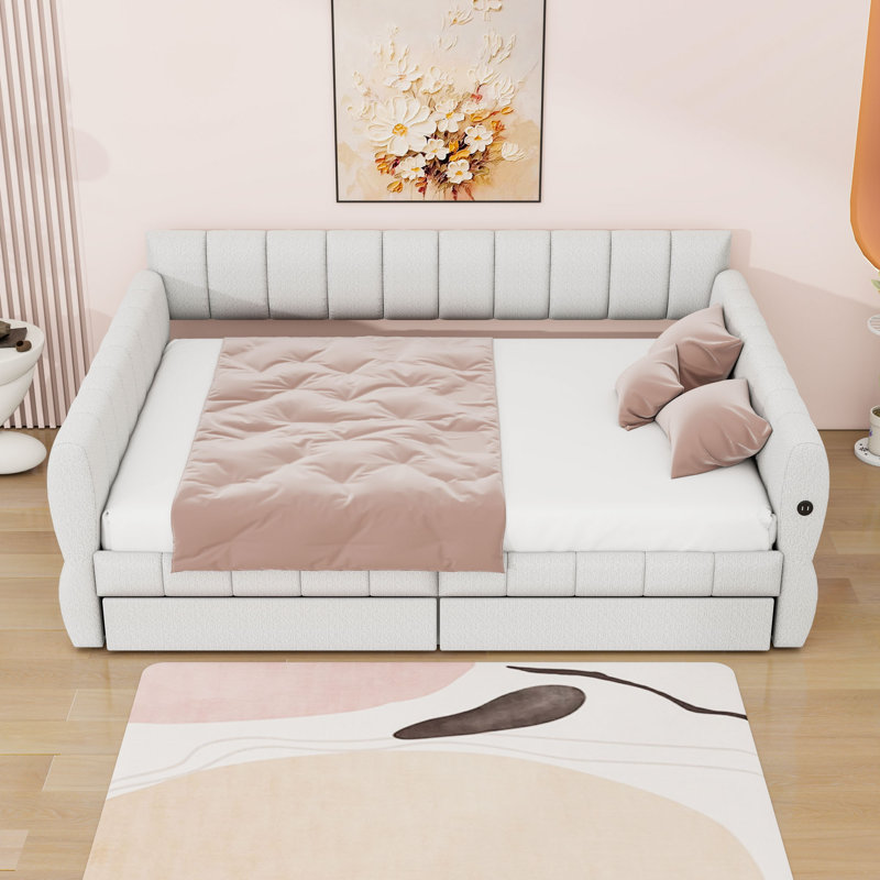 Queen Upholstered Daybed Bed with 2 Drawers and USB Ports, White