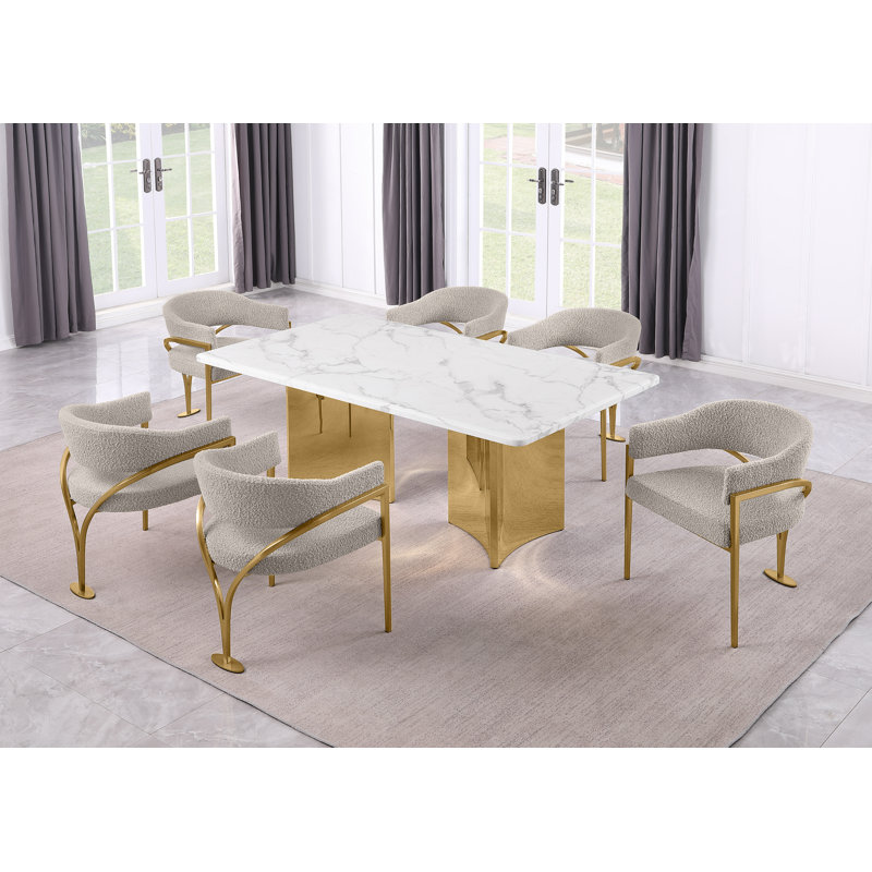 Ensemble de salle à manger en marbre blanc Grand avec chaises d'appoint en tissu Boucle, Gris, Doré