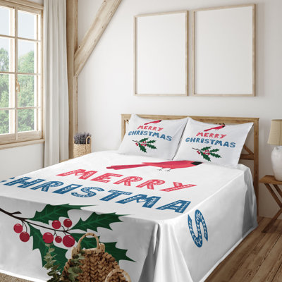 Ambesonne Cardinal Sheet Set Merry Christmas Bird Berry Dark Coral and Hunter Green