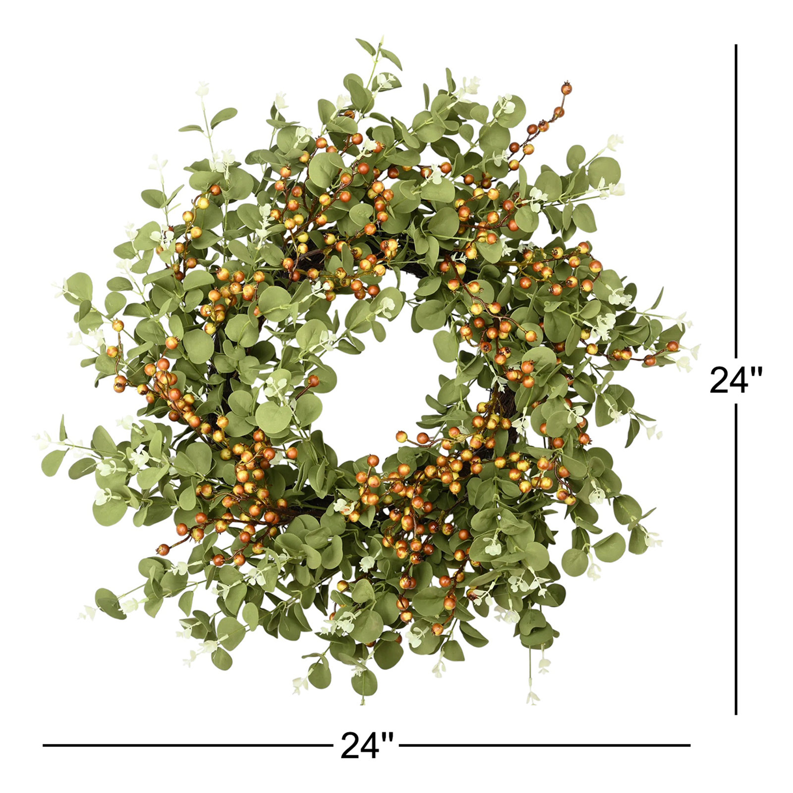 24" Handcrafted Faux Eucalyptus Berry Wreath for Front Door, Brown/Green