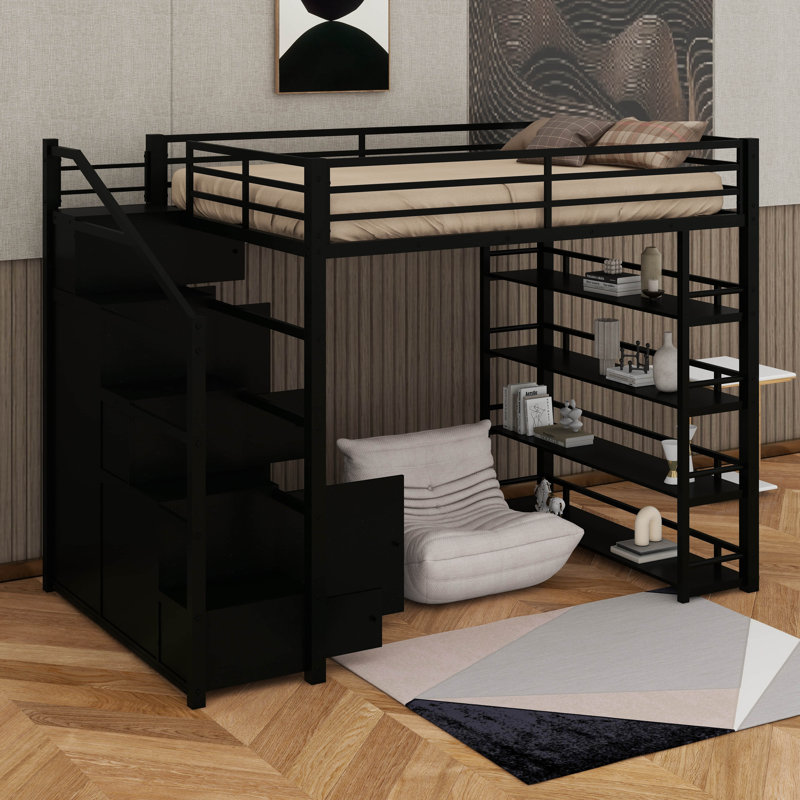 Metal Loft Bed With Storage Shelves, Cabinets And Wardrobe, Black, Queen