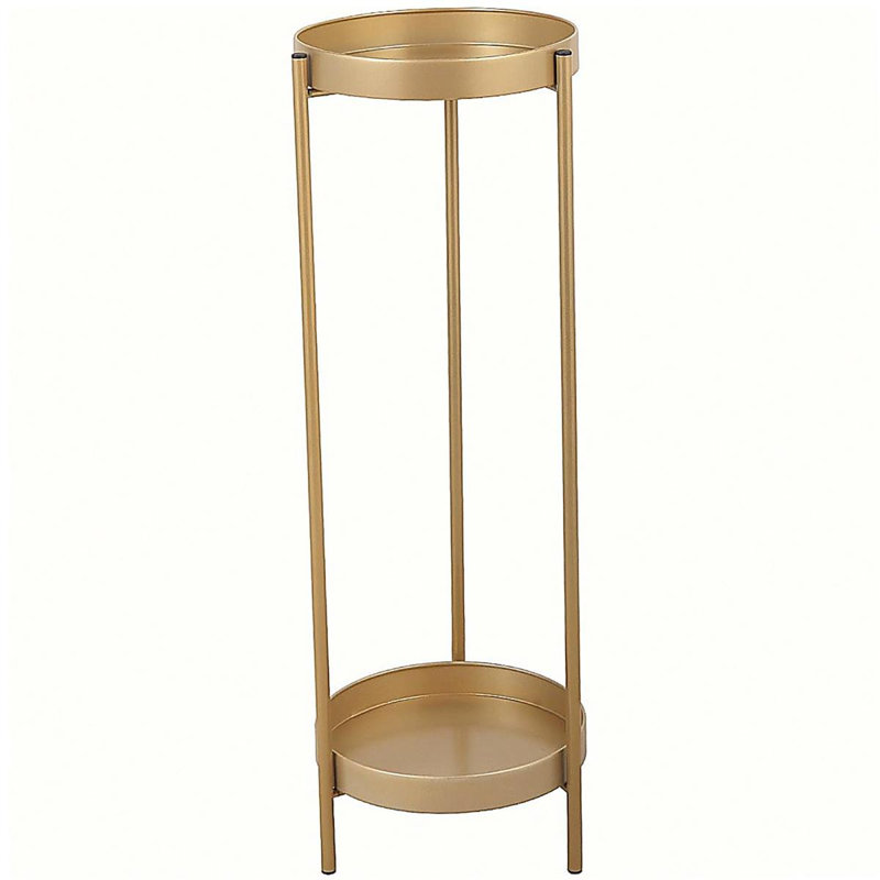 Support pour plante pliable moderne à 2 niveaux en métal avec 2 plateaux ronds pour l'intérieur et l'extérieur, polyvalent, doré